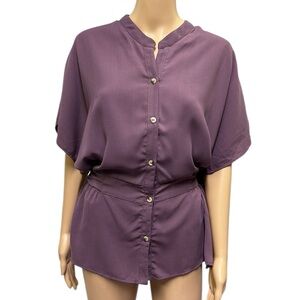 Sweet Rain Purple Peplum Tie Waist Button Up Short Sleeve Split Neck Blouse 1X